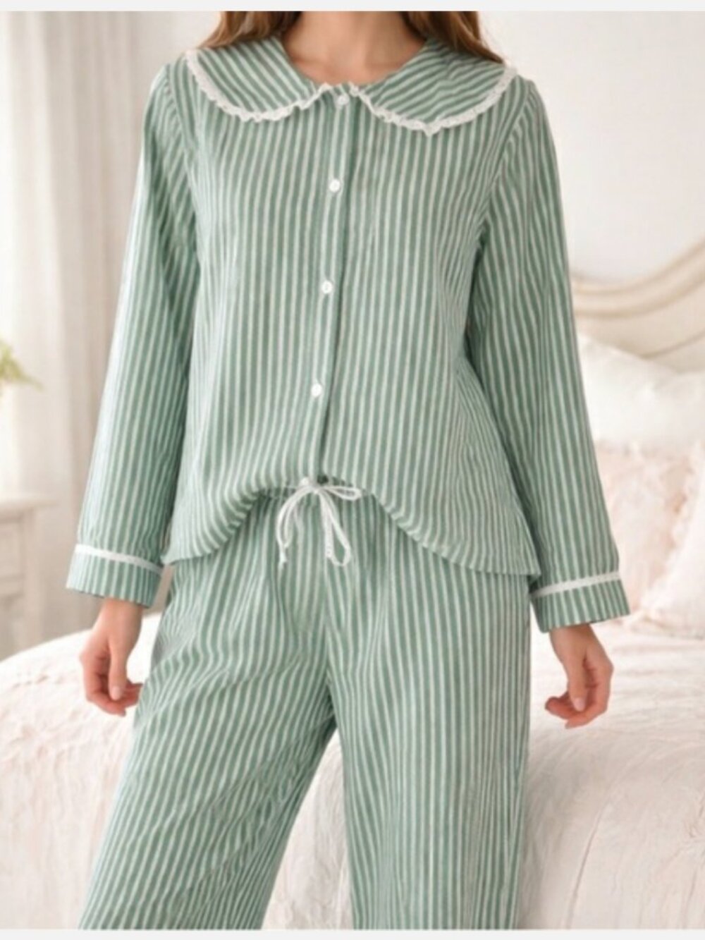 Rachel Ashwell Green/White Striped Long Sleeve Peter Pan Collar Pajama Set SMALL